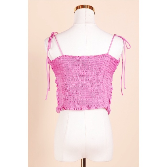 Sz L Urban Outfitters Spaghetti Tie Strap Smocked Satin Crop Top In Rose GUC - Picture 3 of 4